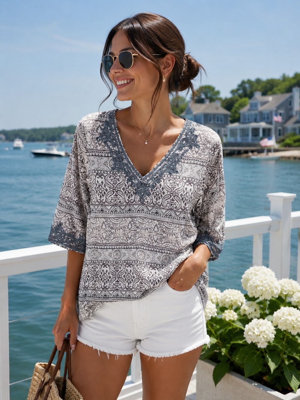 LAND'S END V-Neck Paisley Print Blouse in Gray and White